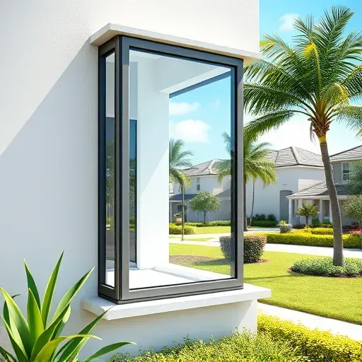 Freshly installed impact window on a modern Weston FL home with lush greenery, bright sunlight, and elegant landscaping.