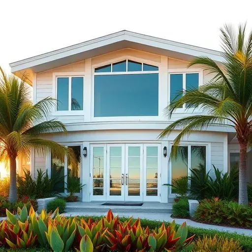 Impact Windows & Doors installation in Marathon FL showcasing modern design, tropical influence, and vibrant landscaping.