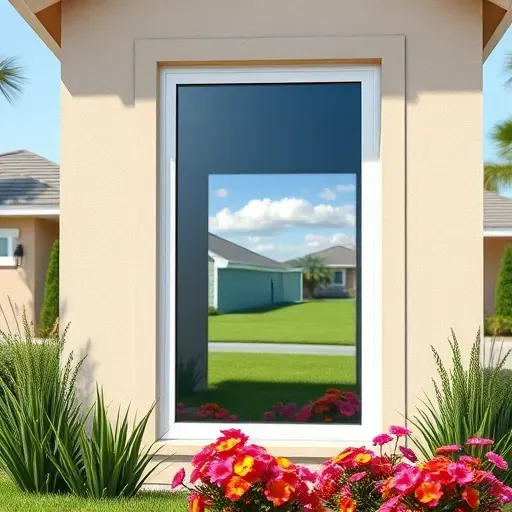 Freshly installed sleek impact window in Wellington Florida reflecting sunny skies, set in a modern home with lush landscaping