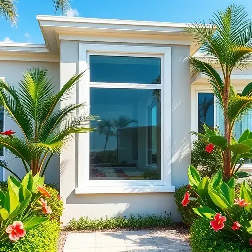 Newly installed impact window on a modern coastal home in North Miami with reflective glass, aluminum frame, and lush tropical landscaping