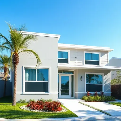 Modern single-family home in Homestead FL with sleek impact-resistant windows and doors, surrounded by tropical plants.
