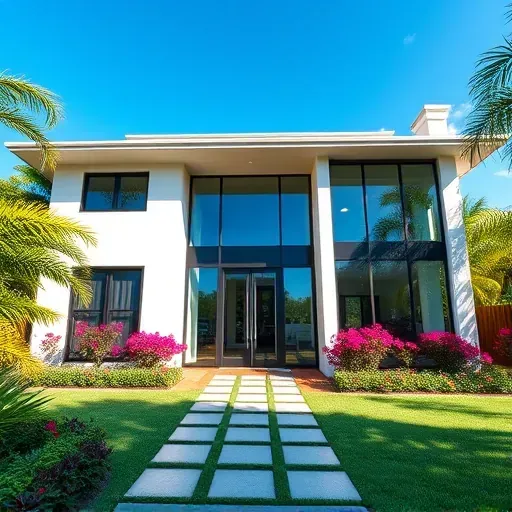 Impact windows and doors installation in Hialeah FL with modern design, lush garden, and inviting home exterior.