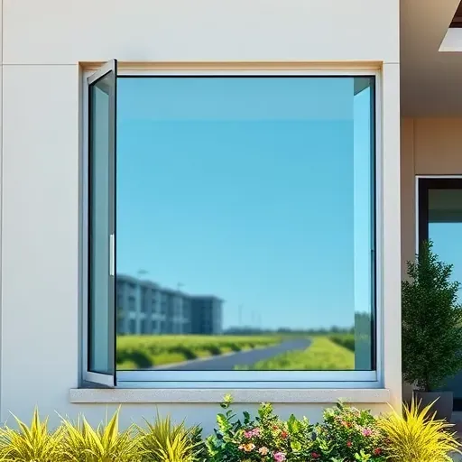 Glossy impact window with sleek frame and clear glass installed on modern Florida home with lush landscaping and bright sunlight