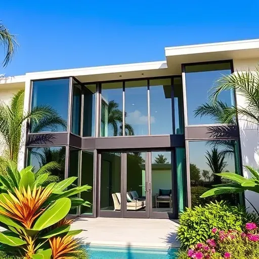 Impact windows and doors installed in a modern Doral home, reflecting sunny Florida and vibrant tropical plants.