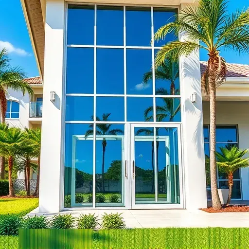 Completed installation of Impact Windows & Doors in Hallandale Beach, featuring sleek glass panels and vibrant landscaping.