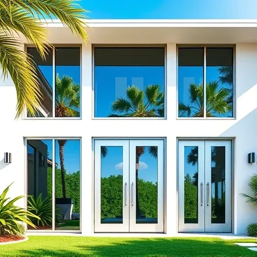 Impact windows and doors installed in Lauderdale Lakes FL feature modern design, clear glass, and sturdy frames amidst lush greenery.
