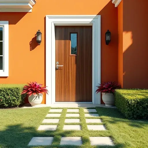 Newly installed wooden front door with glass panel and elegant hardware in Kendall FL surrounded by lush greenery and clean yard