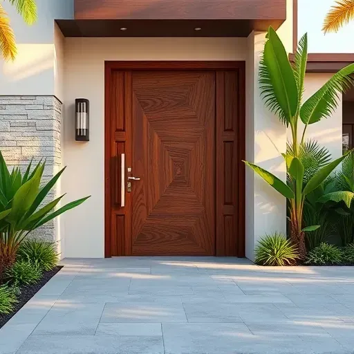 Finished custom wooden door with modern handle on stylish Florida home, lush landscaping, and natural sunlight.