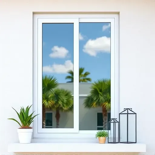 Freshly installed impact window in Kendall FL shows modern design, clear glass, and lush palm tree reflections.