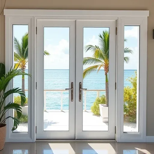 Stylish modern home in Tavernier FL featuring impact windows and doors amidst lush greenery and Florida Keys water views.