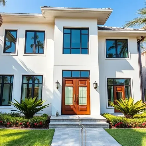 Modern home in Westchester FL showcasing sleek energy-efficient impact windows and doors surrounded by elegant landscaping.