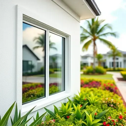 Impact window installation on a modern Delray Beach home with clear glass, white stucco walls, lush tropical garden, and coastal neighborhood.