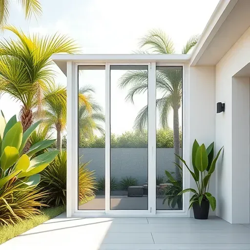 Freshly installed impact window on a modern Florida home with tropical foliage, showcasing sleek glass and precise craftsmanship