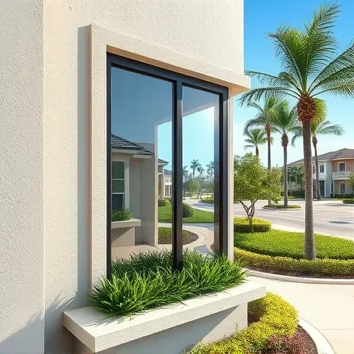 Freshly installed impact window in Pembroke Pines, with sunlight reflection, modern building, and lush landscaping.
