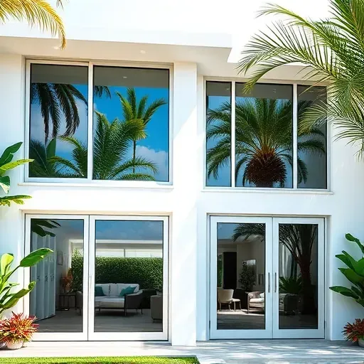 Completed installation of Impact Windows & Doors in Miami featuring sleek modern design and tropical landscape.