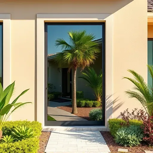 Freshly installed impact window blends with modern stucco home in Kendall FL, surrounded by lush tropical landscaping.