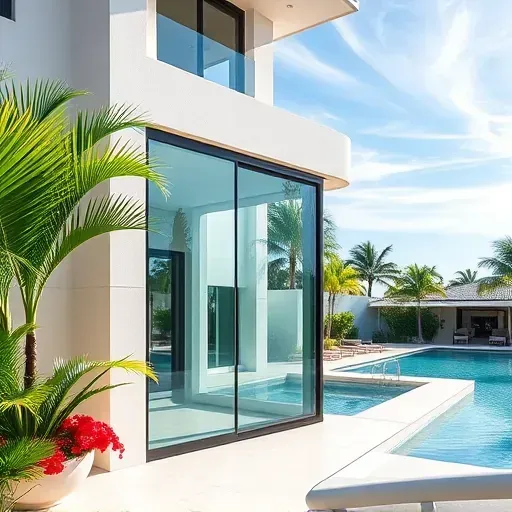 Freshly installed sleek impact window on a modern Miami Beach home with lush tropical landscaping and a sparkling pool.