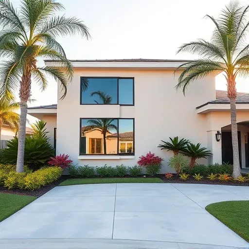 Freshly installed impact windows on a modern home in Kendall FL surrounded by lush tropical landscaping and sunny skies.