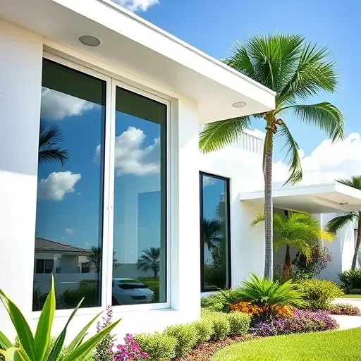 Impact window installation in North Miami home with reflective glass, tropical landscaping and sunny coastal Florida background