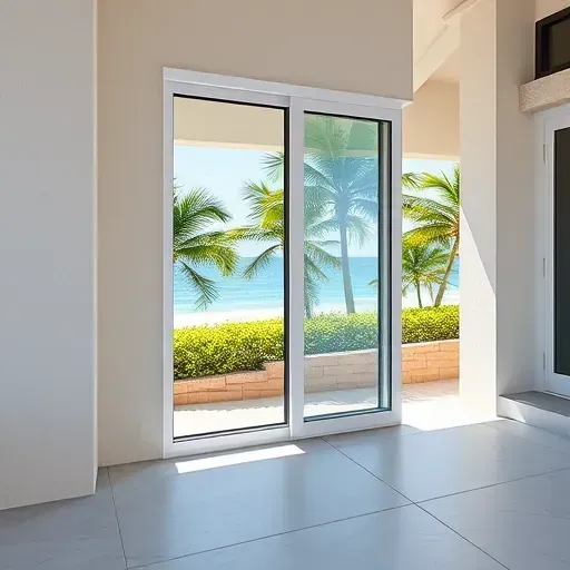 Close-up of a modern impact window installed in a coastal Tavernier home, surrounded by tropical landscaping.