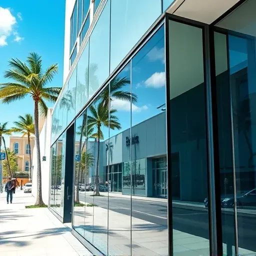 Modern commercial building with sleek impact glass panels reflecting blue sky and urban surroundings in Kendall FL