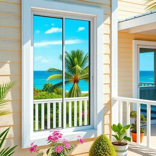 Stone impact window with coastal home, tropical landscape, ocean view, bright sunlight, weathered siding, white trim