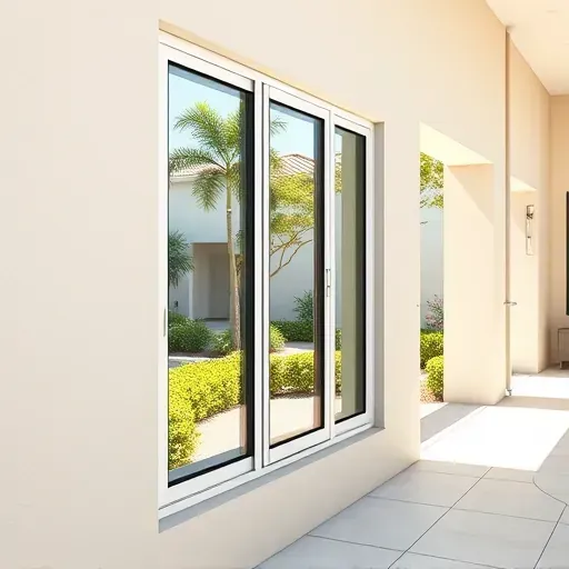 Freshly installed impact window in a modern Kendall Florida home showing clear glass, neutral stucco walls, lush garden view, and bright natural lighting