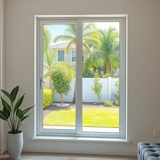 Freshly installed impact window in modern Homestead FL home showing lush greenery and bright sky reflected, with sleek frame and clean interior.