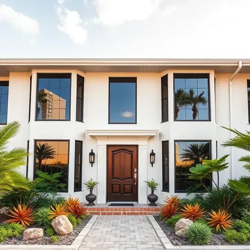 Impact windows and doors showcase modern design with sleek frames and bold entry, surrounded by vibrant tropical landscaping.