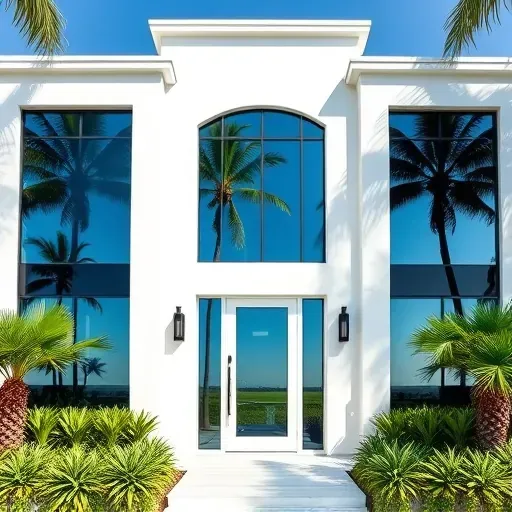 Modern West Palm Beach home showcasing stylish impact windows and doors with lush landscaping under a clear blue sky.