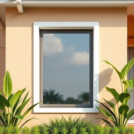 Freshly installed impact window in a modern Fort Lauderdale home with lush tropical plants and sunny coastal backdrop