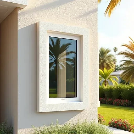 Freshly installed impact window in a modern home with stucco walls, tropical plants, and sunny Florida background