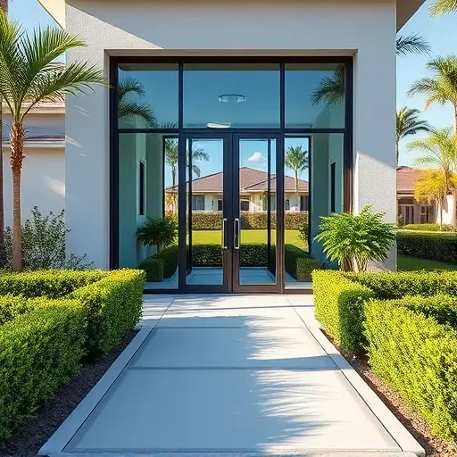 Finished custom window installation on a stylish Kendall FL home with large double-glazed sleek frames and lush landscaping