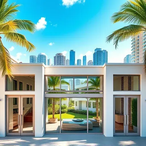 Impact windows and doors in Miami showcase sleek designs, durability, and vibrant urban skyline with tropical ambiance.