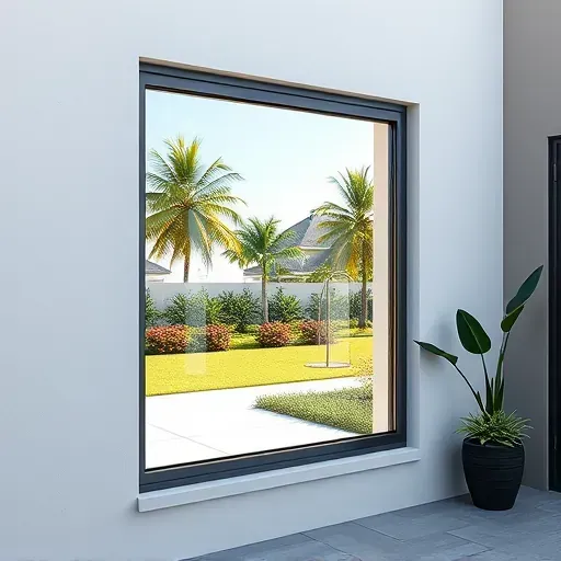 Seamless impact window installed in a West Palm Beach home with tropical landscaping and modern stucco exterior