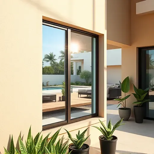 Close-up of a sleek impact window with energy-efficient glass in a Miami modern home, surrounded by lush tropical landscaping