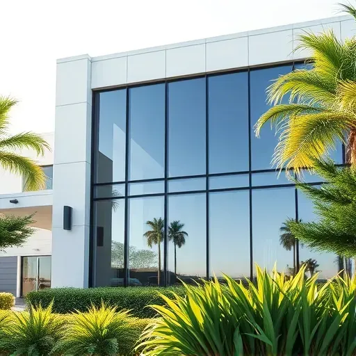 Modern commercial building in Kendall Florida with sleek UV-protective reflective windows, contemporary design, lush landscaping, and clear bright sky