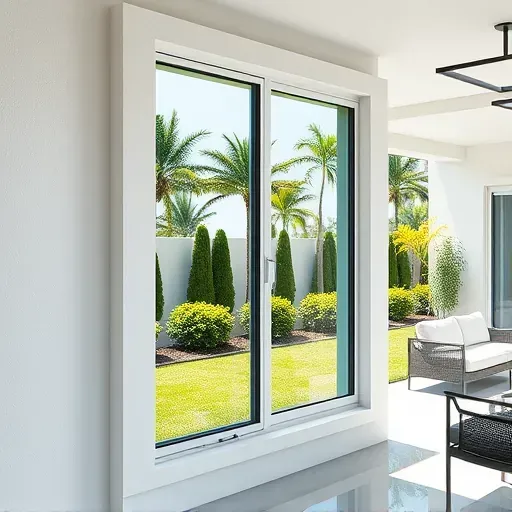 Finished modern energy-efficient window installed in a Kendall Florida home with lush landscaping and stylish outdoor patio