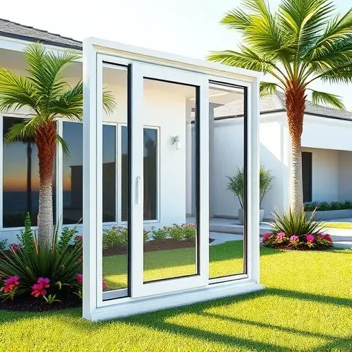 Newly installed impact window in Boynton Beach home, featuring sleek design and tropical landscaping, highlighting quality.