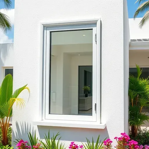 Close-up of a seamless installed impact window in a modern Boca Raton home with clear glass, reinforced frames, and lush landscaped surroundings