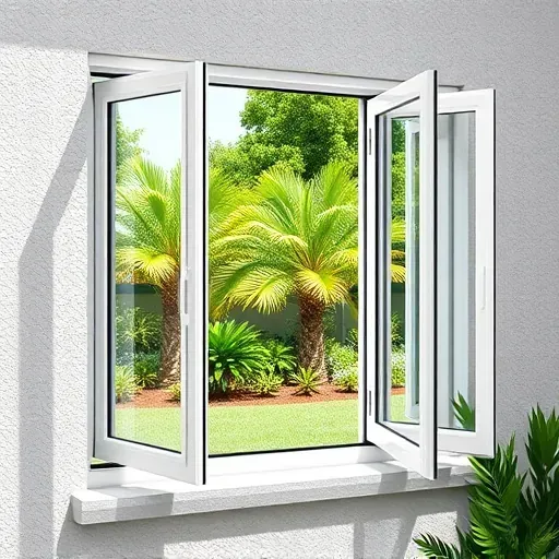 Flawlessly installed white casement window in Kendall Florida with reflective glass, lush greenery, and modern home exterior