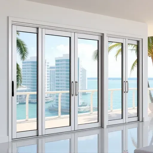 Impact windows and doors in Miami Beach showcase sleek designs, polished frames, and energy-efficient glass with a coastal backdrop.