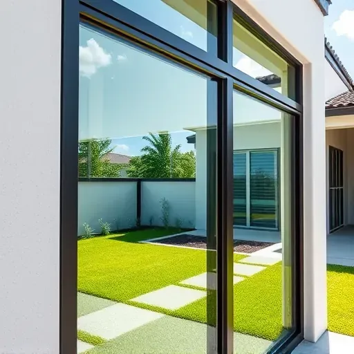 Recently installed large black aluminum impact windows on a modern Davie Florida home with lush yard and sunny backdrop