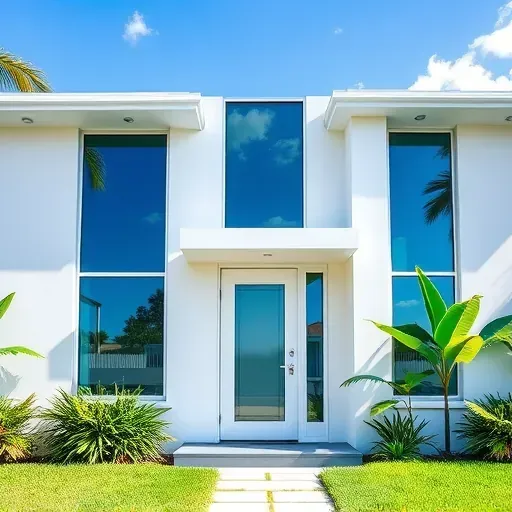 Impact Windows and Doors installation in Hialeah FL features sleek glass, a stylish door, and vibrant landscaping.