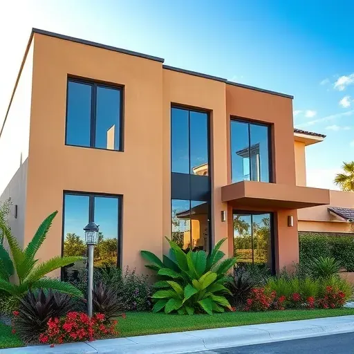 Modern home in Kendall FL with sleek tinted double-glazed heat reducing windows, lush landscaping, and warm stucco walls