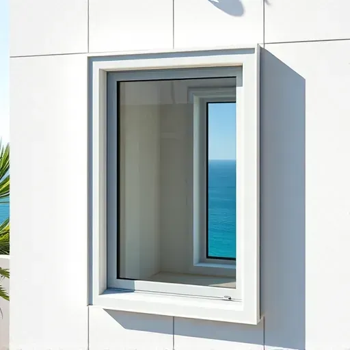 Close-up of a newly installed impact window in a Sunny Isles Beach home showcasing clarity, durability, reflective surface, and modern coastal architecture