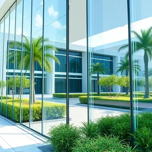 Glass installation in Kendall Florida with reflective transparent panels on modern building facade amid lush landscaping