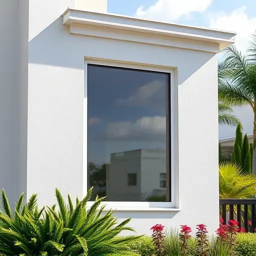 Impact window installed in modern Kendall home, showcasing sleek design, vibrant landscaping, and sunny atmosphere.