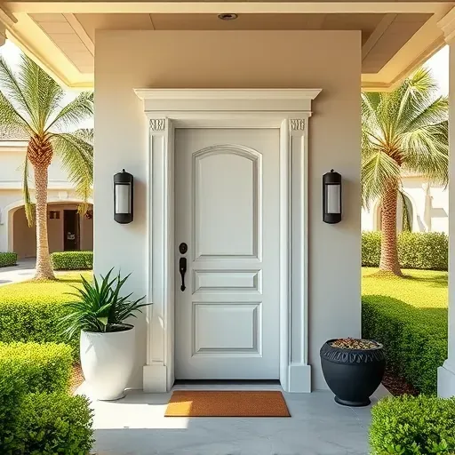Newly installed modern entry door in Kendall Florida with tropical landscape and welcoming porch ambiance