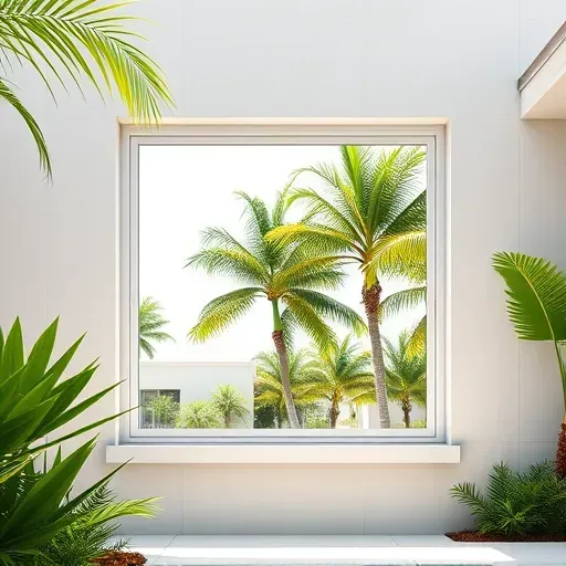 Close-up of a newly installed impact window in a modern Florida home with stucco exterior, lush tropical landscape, and bright natural light